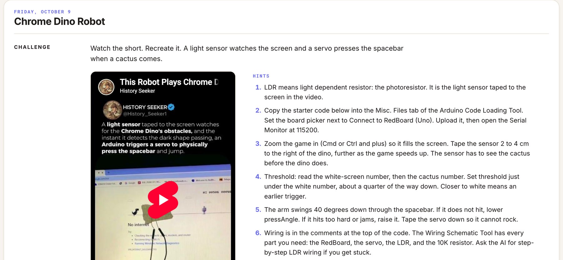 The Chrome Dino Robot hackathon card in the T4SG hub, with the challenge, the embedded short, and six hints