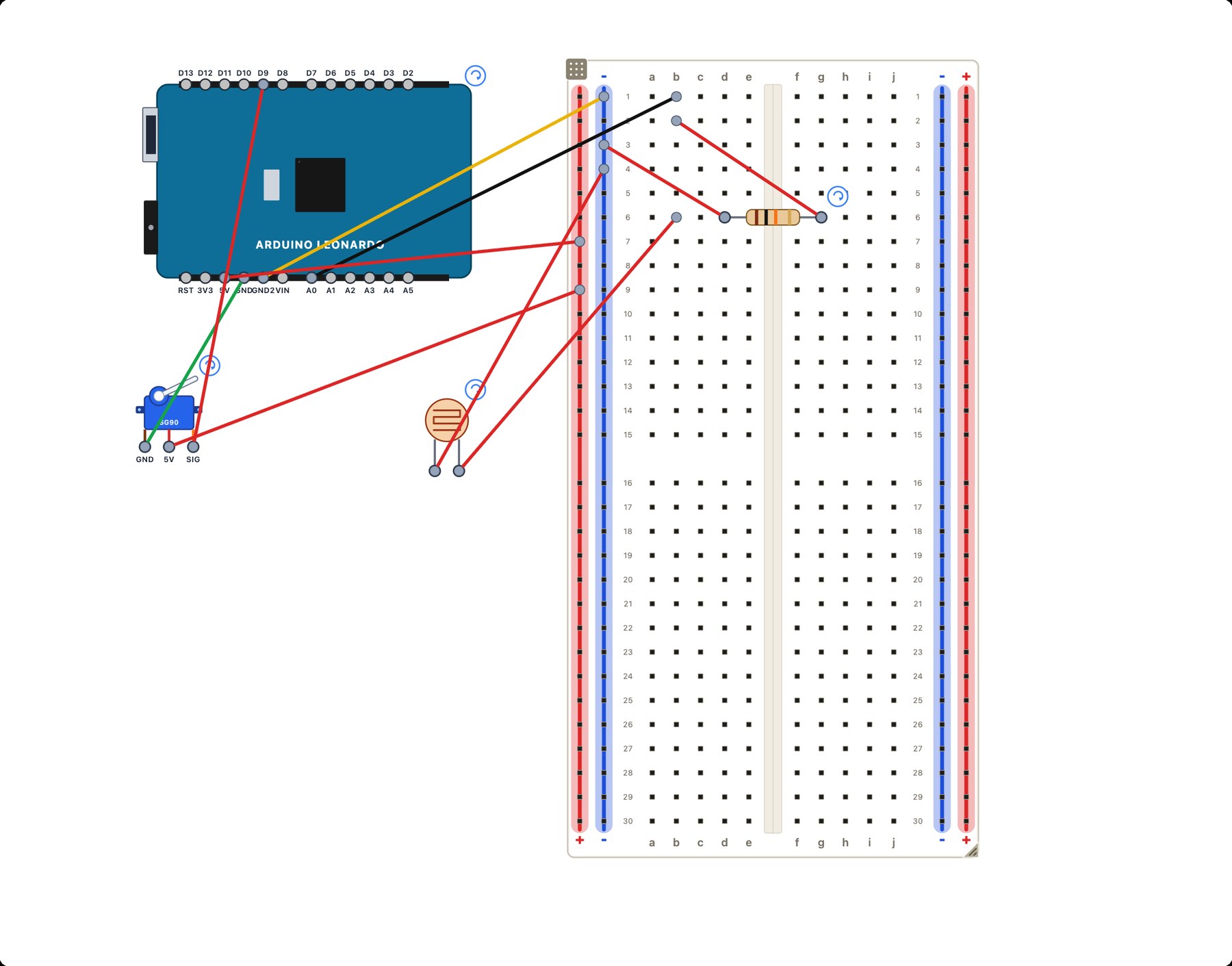 A student's wiring schematic for the robot: an Arduino Leonardo, a breadboard, a 10K resistor from A0 to ground, a photoresistor from 5V to A0, and a servo on pin 9