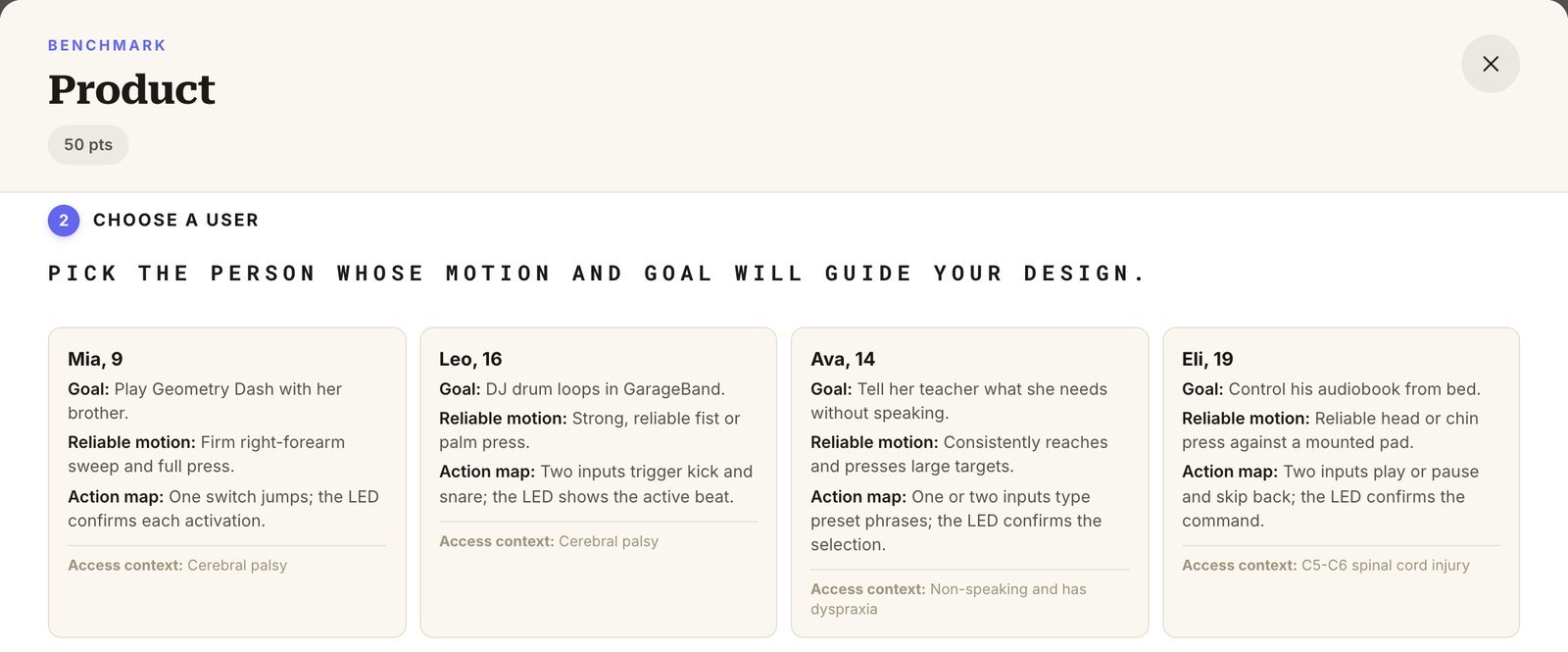 Four Project 1 user cards, each with a goal, a reliable motion, and an action map