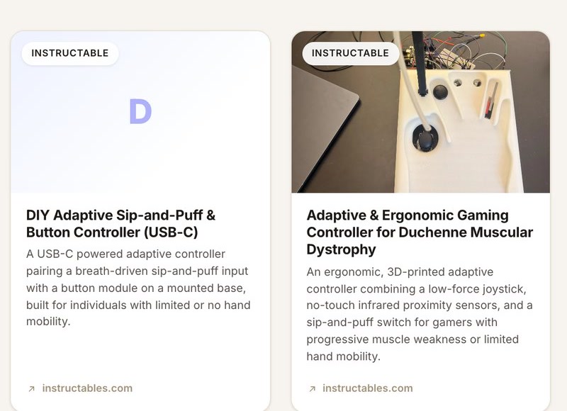 Two cards in the T4SG Exhibit linking to past assistive technology builds
