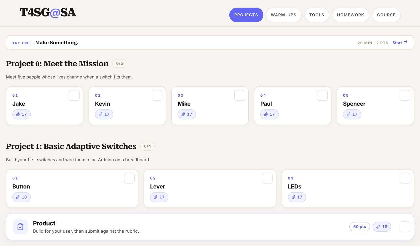 The T4SG hub's Projects page, showing Project 0 through Project 2 as rows of benchmark cards