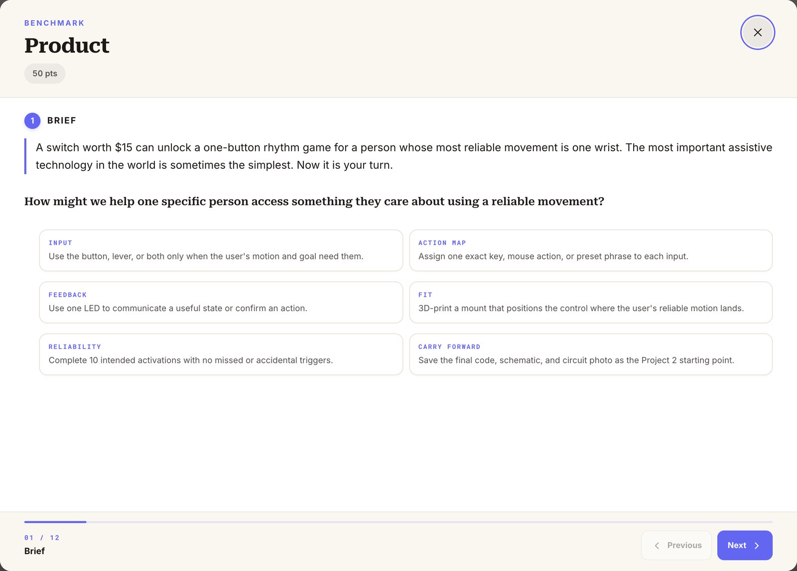 The Project 1 Product brief, with a How Might We question and six constraint cards