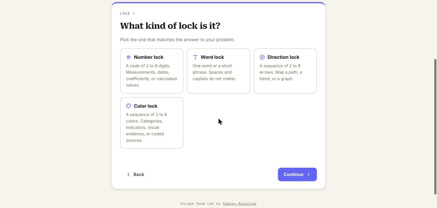 The builder asking what kind of lock it is, with Number, Word, Direction, and Color options