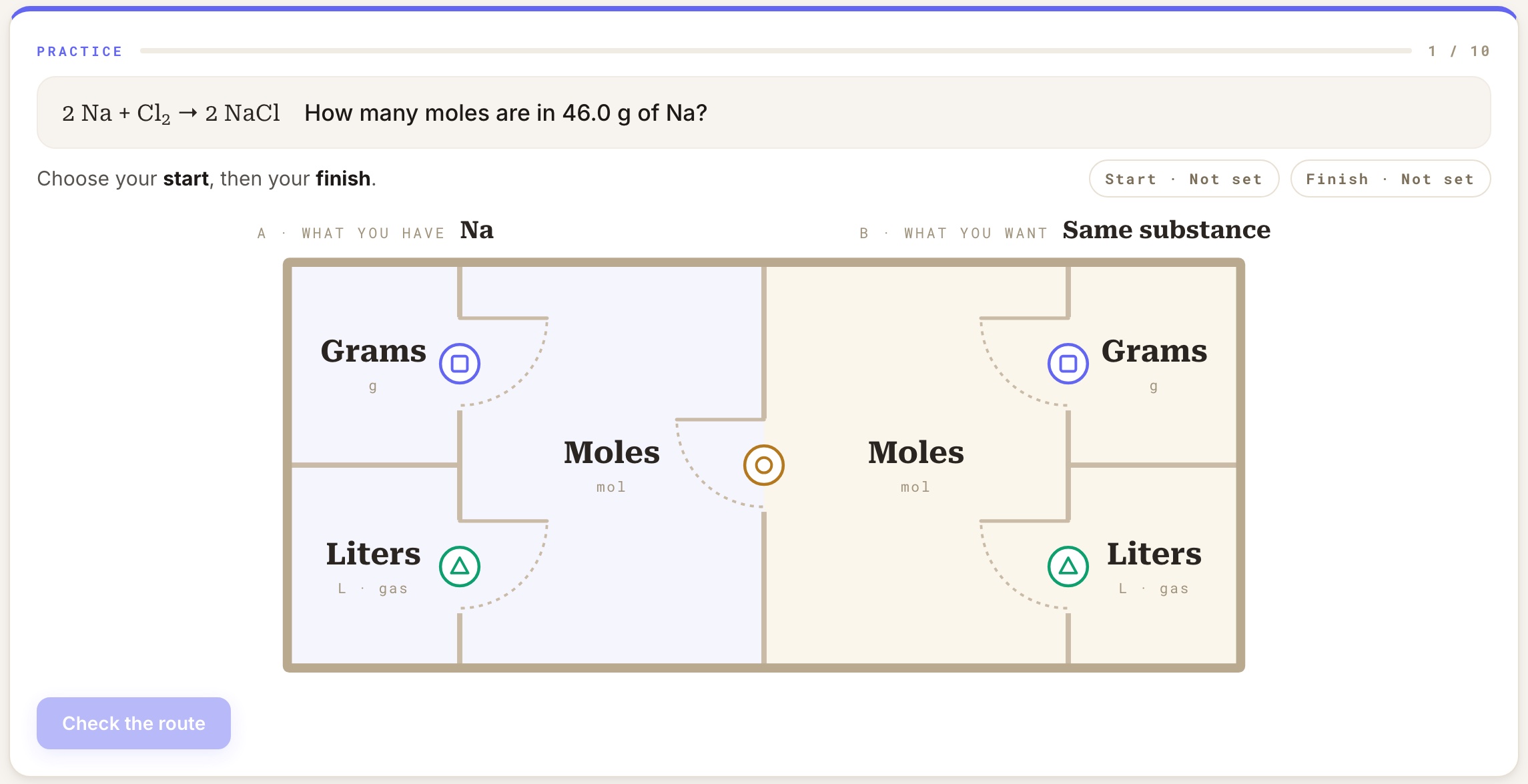 A practice problem in the app, asking students to choose a start and finish room
