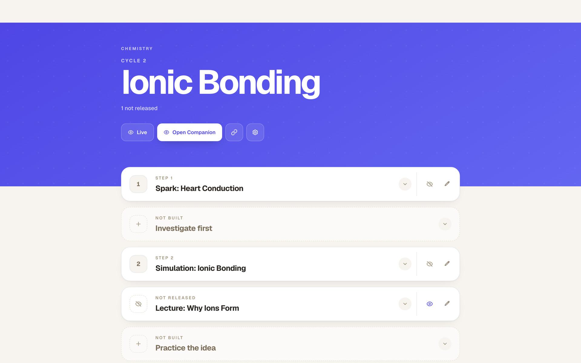 Inquiry Studio cycle page: the six step cards of an Ionic Bonding cycle, some built and released, some not yet