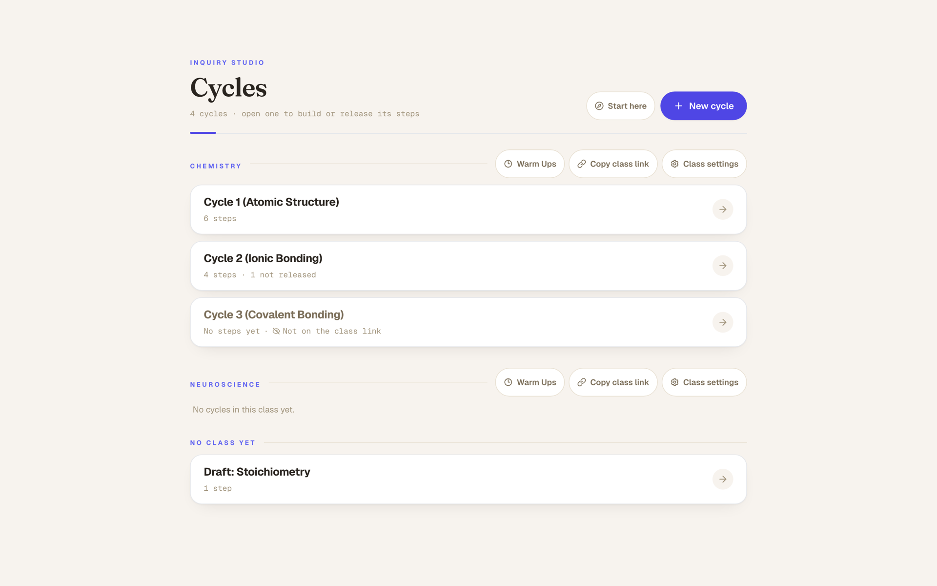 Inquiry Studio Cycles page: cycles grouped by class, each with its step count and release status