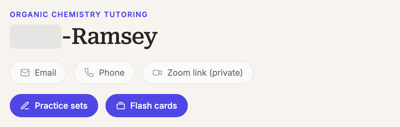 Top of a private tutoring site with greyed-out contact and Zoom links, plus Practice sets and Flash cards buttons