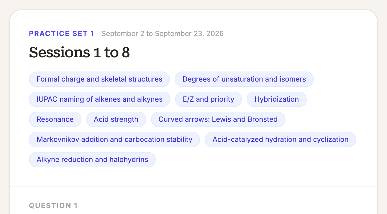 Practice Set 1, Sessions 1 to 8, with topic chips from formal charge to halohydrins