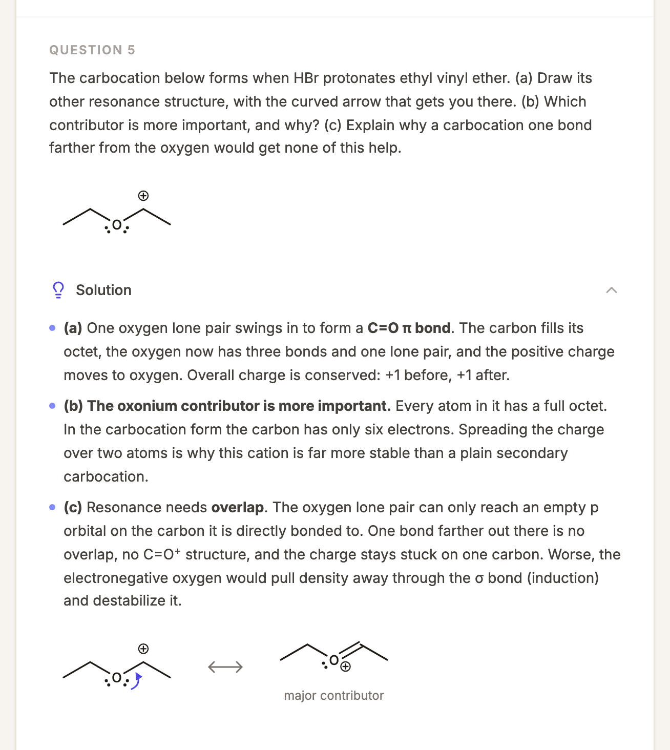 A resonance question on an oxocarbenium ion with its solution and skeletal drawings
