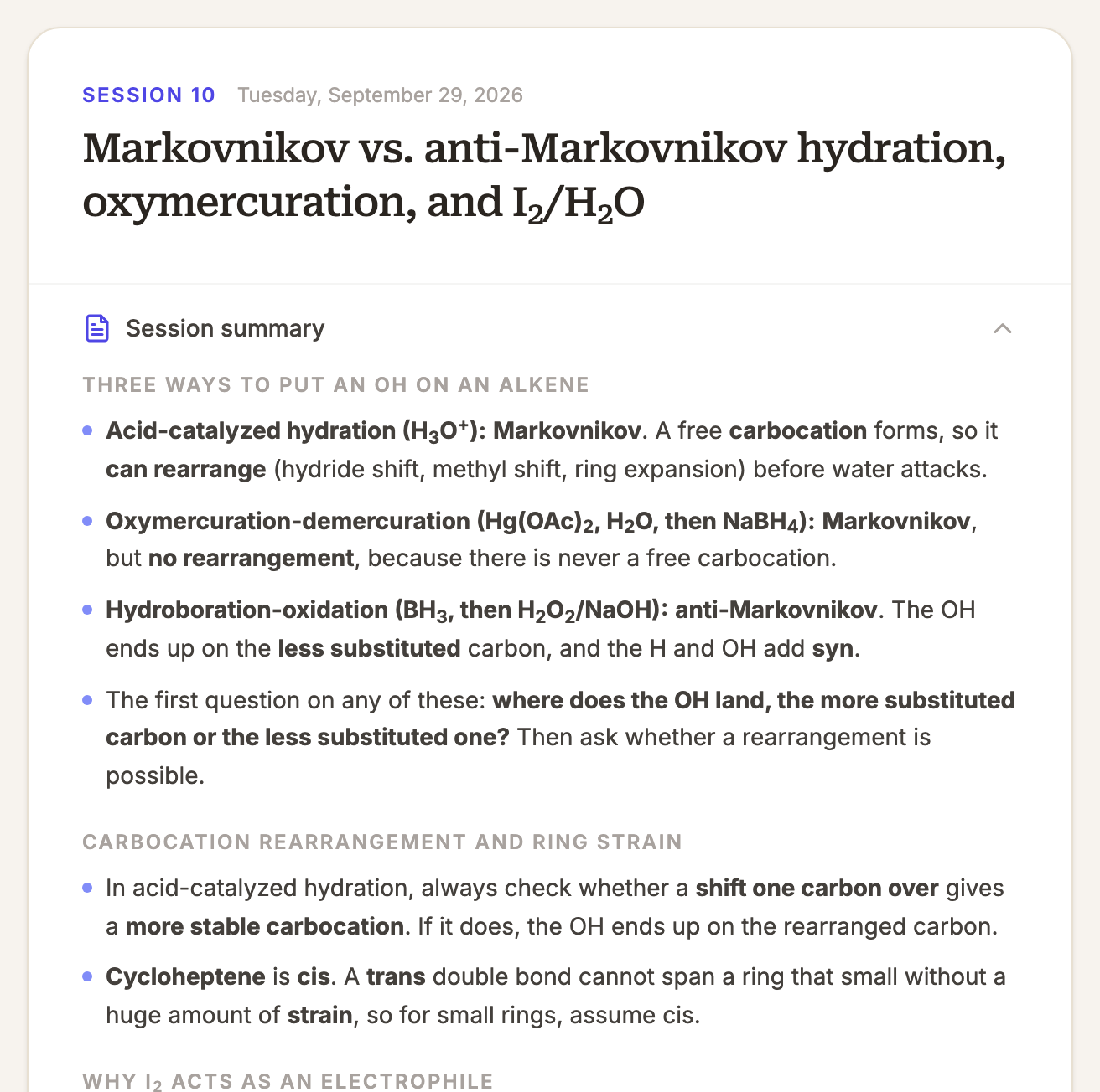 Session 10 card with the session summary open, grouped under headings like Three ways to put an OH on an alkene