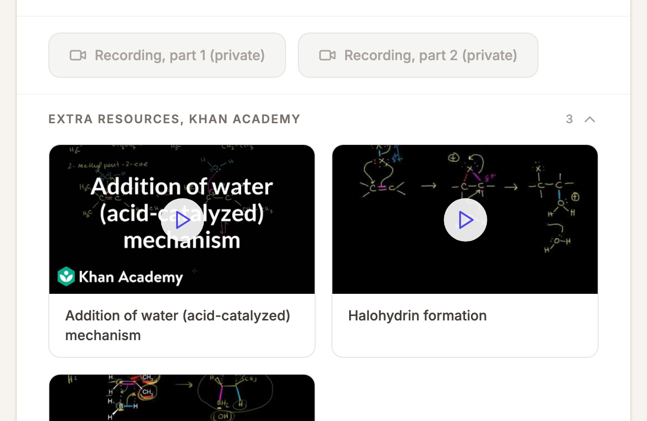 Greyed-out recording buttons above Khan Academy videos on acid-catalyzed hydration and halohydrin formation